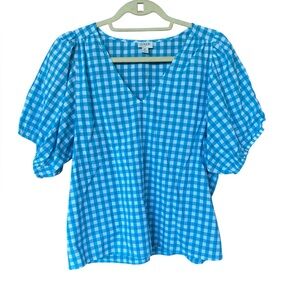 J.Crew Blue Gingham Puff Sleeve Cotton Top‎ Size M Cottagecore Countrygirl